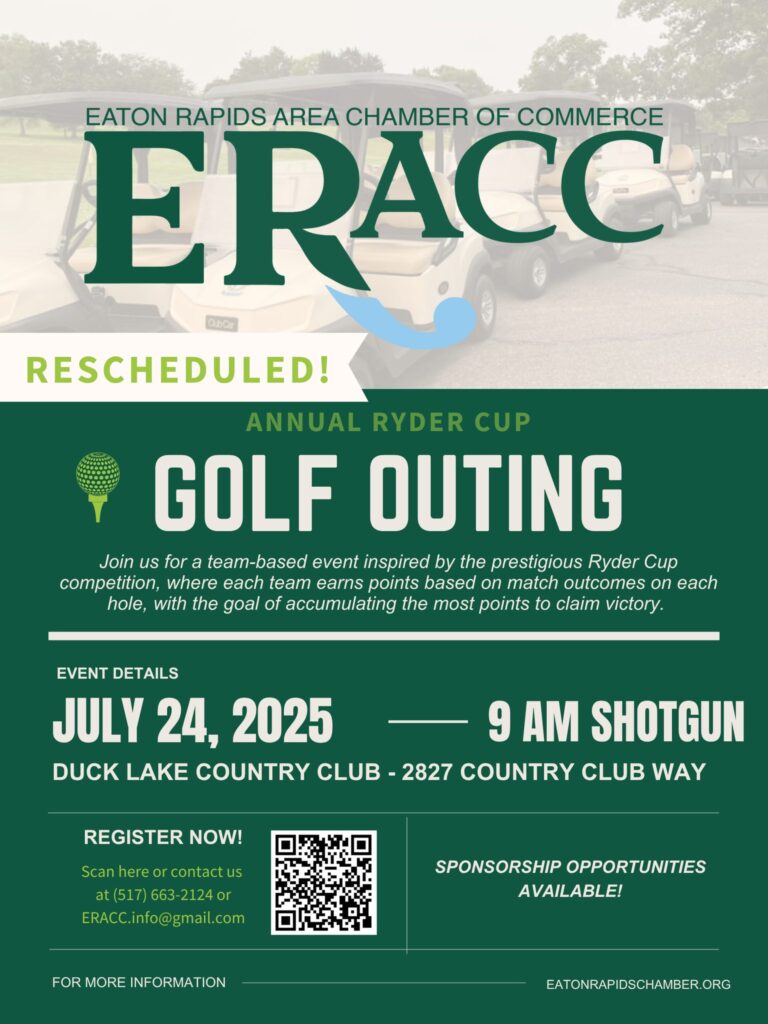 Promotional flyer for the ERACC Annual Ryder Cup Golf Outing, rescheduled to July 24, 2025, at 9 AM at Duck Lake Country Club, with registration details and golf carts shown in the background.