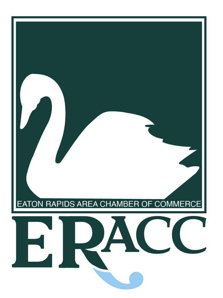 Logo for the Eaton Rapids Area Chamber of Commerce featuring a white swan silhouette inside a dark green square, with ERACC and the organization name below.