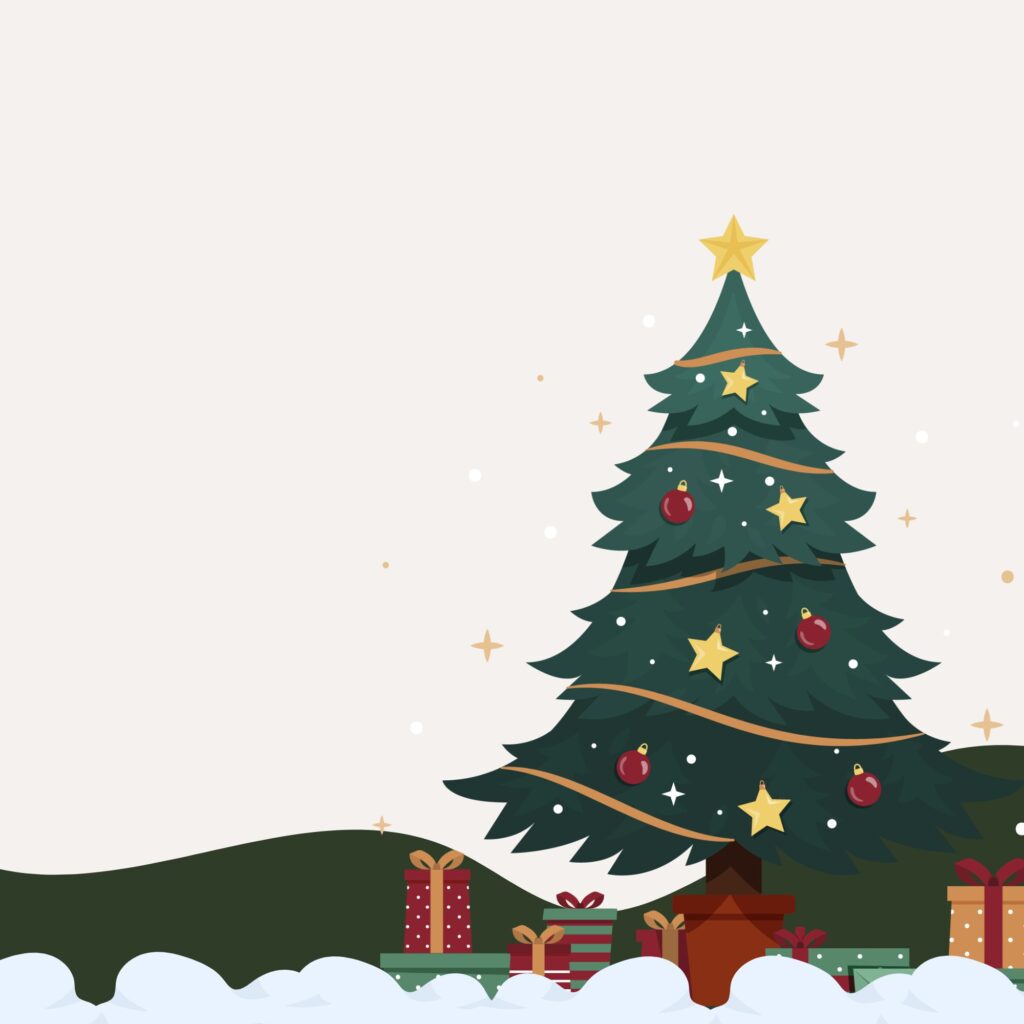 A decorated Christmas tree with ornaments and gold stars stands in the snow, surrounded by gift boxes.