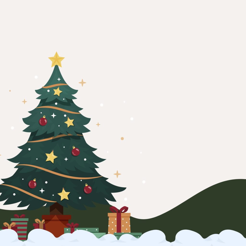 An illustrated Christmas tree decorated with ornaments and a star, with wrapped gifts at its base, on a snowy background.